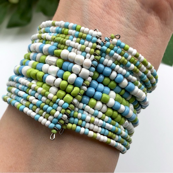 Beaded Cuff Bracelet With Stone Chip Gemstone Leopard Jasper - Picture 4 of 8